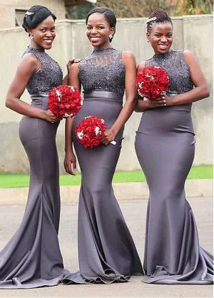 Mermaid High Neck Sleeveless Court Train Bridesmaid Gown With Lace
