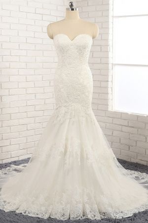 Mermaid Sweetheart Neck Court Train Stretch Satin Wedding Gown With Lace