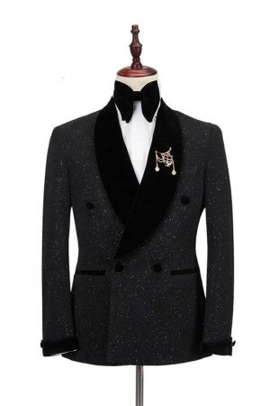 Wedding Sparkle Black Shawl Lapel Double Breasted Suit