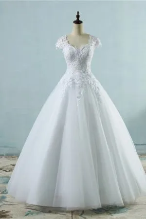 A-line V-neck Short Sleeves Floor-length Tulle Bridal Gown With Appliques