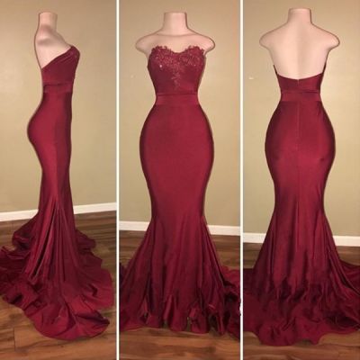 Mermaid Sweetheart Neck Sleeveless Court Train Stretch Satin Evening Dress With Appliques