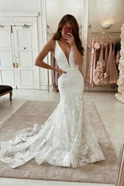 Mermaid Plunging Neckline Sleeveless Court Train Satin Bridal Dress With Ribbons