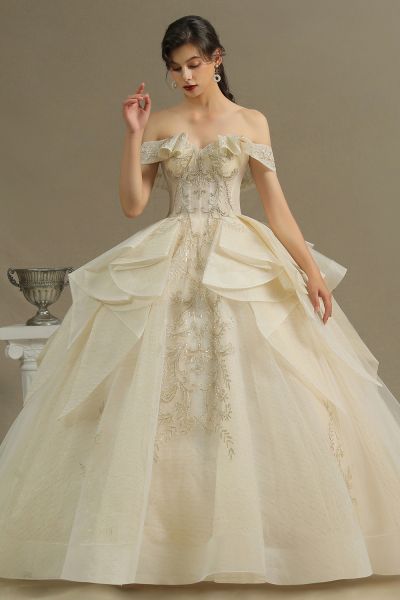 A-line Strapless Cap Sleeves Cathedral Train Tulle Bridal Gown With Beading