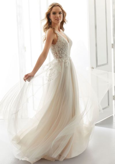 A-line V-neck Sleeveless Sweep / Brush Train Tulle Bridal Gown With Appliques