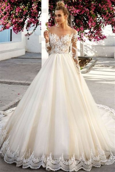 A-line Off-the-shoulder Long Sleeves Floor-length Tulle Bridal Dress With Appliques