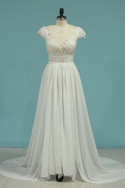 A-line V-neck Sleeveless Floor-length 100D Chiffon Bridal Dress With Lace