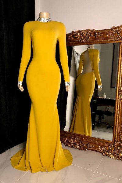 Column High Neck Long Sleeves Floor-length Satin Evening Gown With Sequins