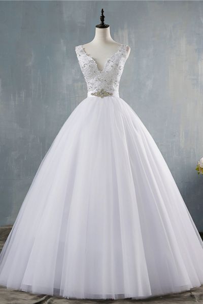 A-line V-neck Floor-length Tulle Bridal Gown With Appliques