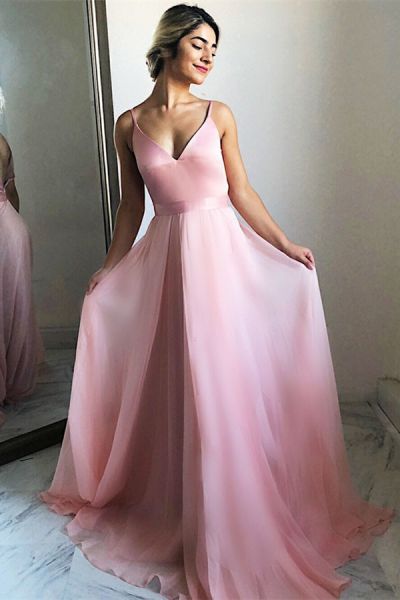 Candy Pink Open Back  V-neck Sleeveless Evening Dress