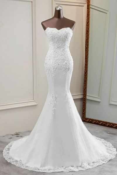Mermaid Strapless Sleeveless Floor-length Tulle Bridal Gown With Beading