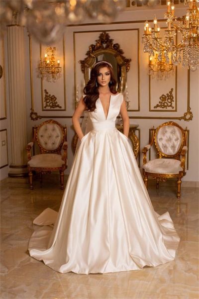A-line V-neck Sleeveless Chapel Train Satin Bridal Gown With Ruched