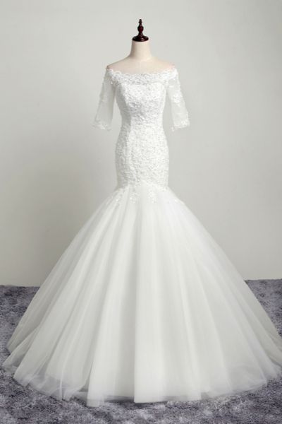 Mermaid Off-the-shoulder Short Sleeves Floor-length Tulle Wedding Dress With Appliques