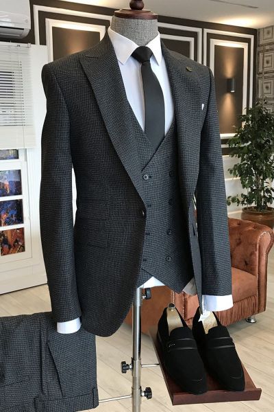 Black Plaid Double Breasted Business Suit