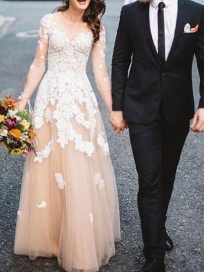 A-line Long Sleeves Sweep / Brush Train Lace Wedding Gown With Buttons