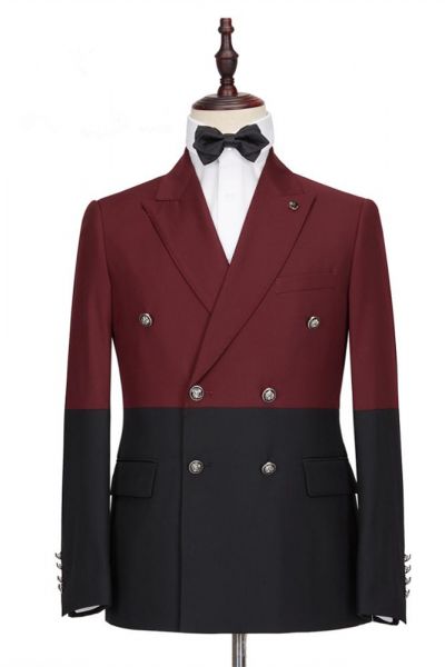 Prom Burgundy and Black Double Breasted Peaked Lapel Men's Suit