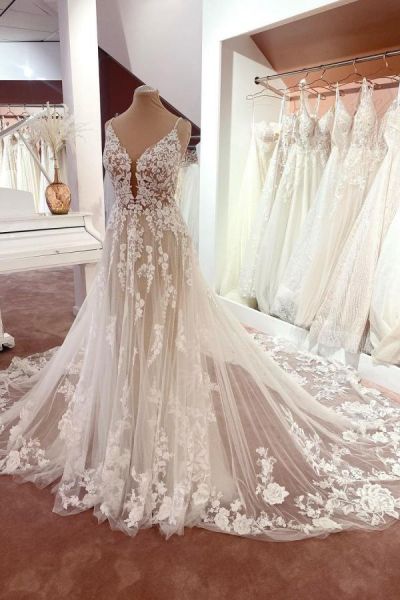 A-line Plunging Neckline Sleeveless Sweep / Brush Train Lace Bridal Gown With Lace