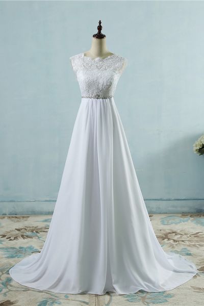 A-line Jewel Neck Sleeveless Floor-length Tulle Wedding Dress With Crystal