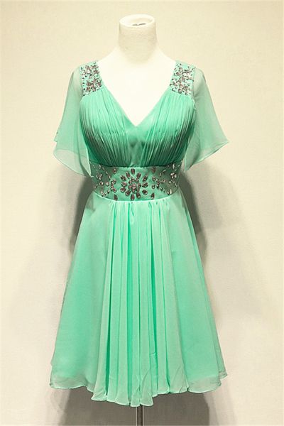 A-line V-neck Knee-length 100D Chiffon Cocktail Party Dress With Crystal