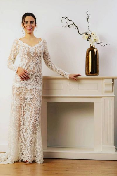 Mermaid Jewel Neck Long Sleeves Sweep / Brush Train Lace Bridal Gown With Lace