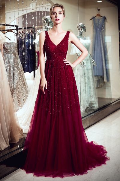 A-line V-neck Sleeveless Chapel Train Tulle Formal Dress With Sequins