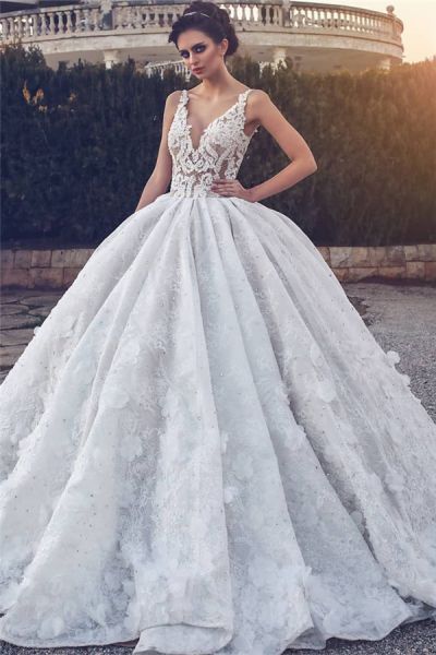 Ball Gown V-neck Sleeveless Court Train Wedding Gown With Appliques