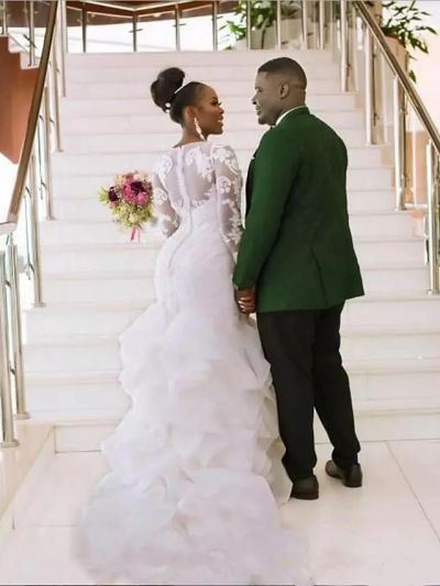 Mermaid Long Sleeves Court Train Organza Wedding Gown With Lace