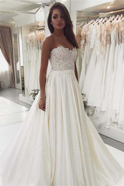 A-line Sweetheart Neck Sleeveless Sweep / Brush Train Satin Wedding Gown With Lace