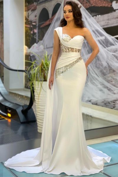 Mermaid One Shoulder Sleeveless Floor-length Stretch Satin Prom Dress With Ruffles