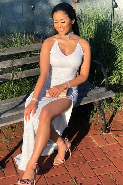 Column Spaghetti Straps Sleeveless Floor-length Evening Dress With Split Front