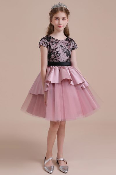 A-line Jewel Neck Short Sleeves Knee-length Satin Flower Girl Dress With Lace