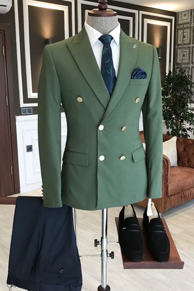 Green Double Breasted Suit with Peaked Lapel