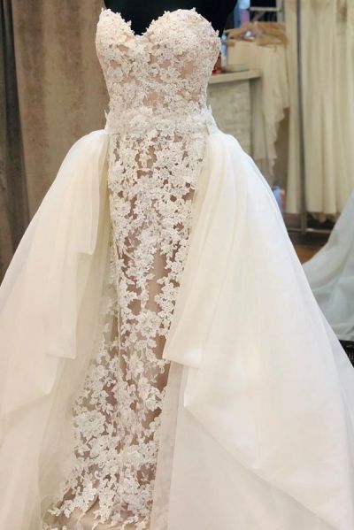 Column Strapless Sweetheart Neck Detachable Train Tulle Bridal Gown With Lace