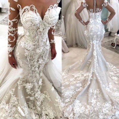 Mermaid Sweep / Brush Train Bridal Gown With Appliques