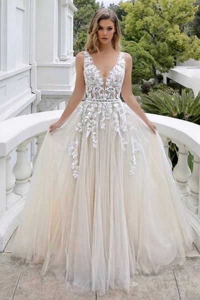 A-line V-neck Sleeveless Court Train Tulle Bridal Gown With Pearls