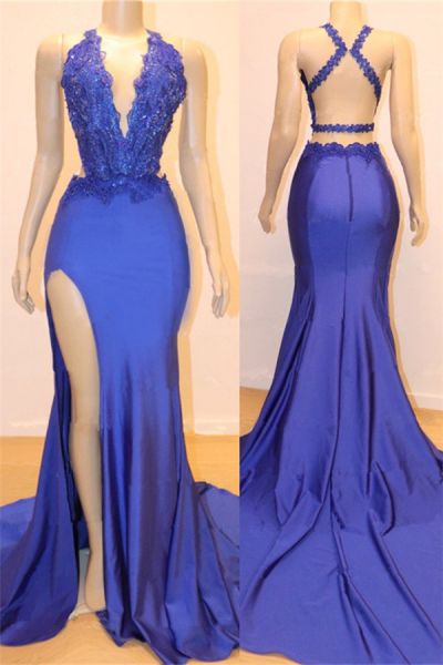 Mermaid V-neck Sleeveless Court Train Stretch Satin Formal Dress With Lace