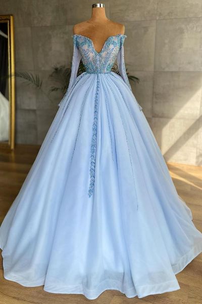 A-line Off-the-shoulder Long Sleeves Floor-length Tulle Formal Dress With Appliques