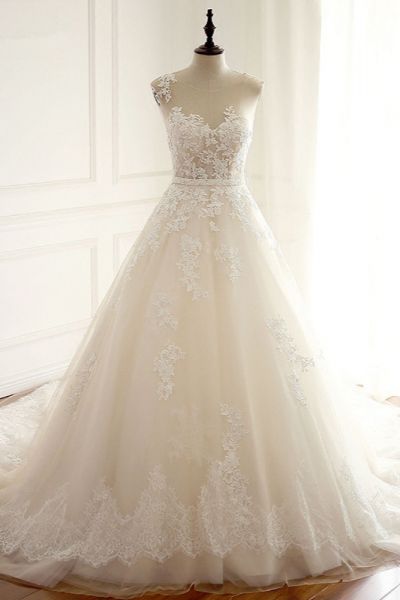 A-line Jewel Neck Sleeveless Floor-length Tulle Bridal Dress With Appliques