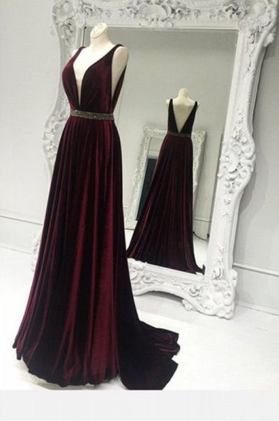 A-line V-neck Sleeveless Sweep / Brush Train Velvet Evening Dress With Beading