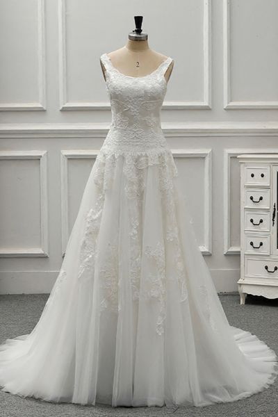 A-line Straps Jewel Neck Sleeveless Floor-length Tulle Wedding Gown With Chapel Train