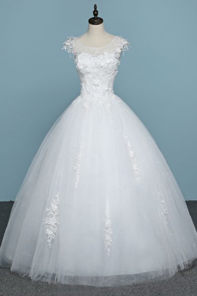 A-line Jewel Neck Sleeveless Floor-length Tulle Wedding Gown With Appliques