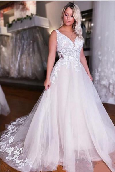 A-line V-neck Sleeveless Chapel Train Tulle Bridal Gown With Crystal