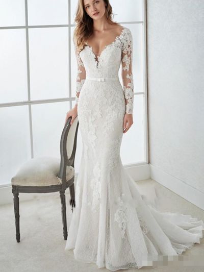 Mermaid V-neck Long Sleeves Sweep / Brush Train Lace Bridal Dress With Buttons