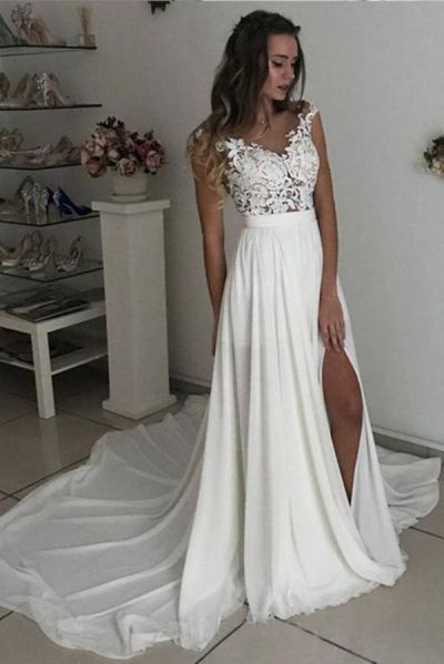 A-line V-neck Sleeveless Chapel Train 100D Chiffon Bridal Dress With Lace