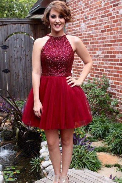 A-line Jewel Neck Sleeveless Mini Tulle Homecoming Dress With Beading
