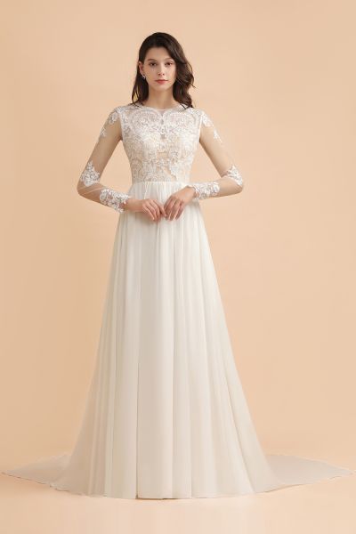 A-line Jewel Neck Long Sleeves Floor-length 100D Chiffon Bridal Attire With Appliques