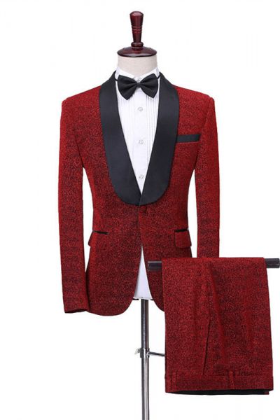 Shiny Red Slim Fit Shawl Lapel Suit for Men