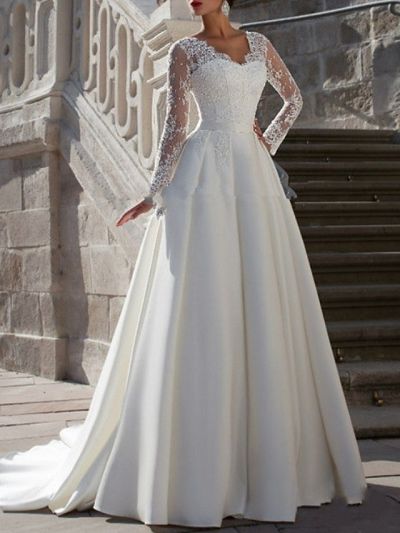 Romantic A-line V-neck Long Sleeves Sweep / Brush Train Lace Wedding Dress With Lace