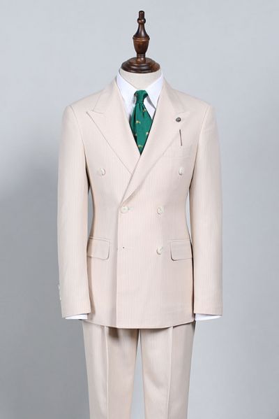 Light Khaki Striped Double Breasted Suit