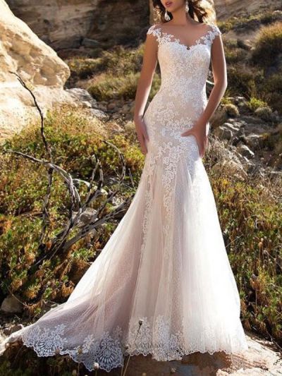 Mermaid V-neck Sleeveless Sweep / Brush Train Lace Bridal Gown With Lace