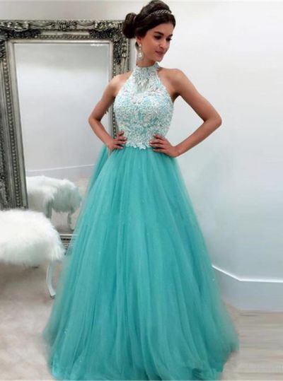 A-line High Neck Sleeveless Sweep / Brush Train Tulle Evening Dress With Lace